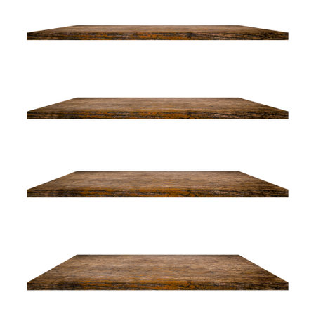 4 Wood shelves table isolated on white background and display montage for product.の写真素材
