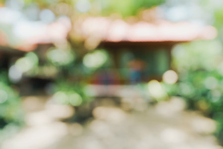 defocused bokeh and blur background of garden trees in sunlight.の写真素材