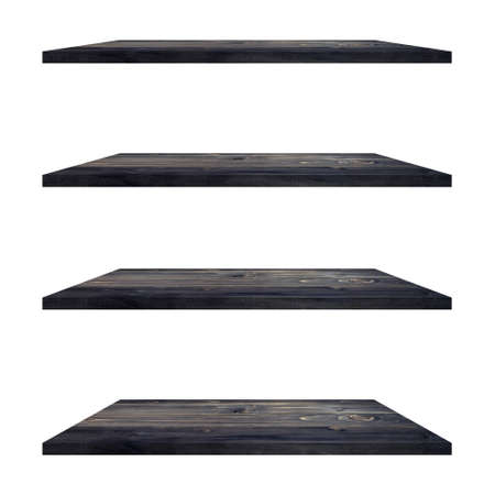 4 Wood shelves table isolated on white background and display montage for product.の写真素材