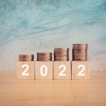 2022 new year concept. Wooden Blocks With text 2022 on table. Copy spaceの写真素材