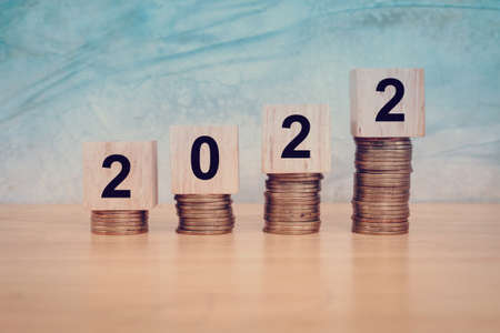 2022 new year concept. Wooden Blocks With text 2022 on table. Copy spaceの写真素材