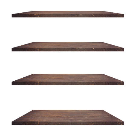 4 Wood shelves table isolated on white background and display montage for product.の写真素材