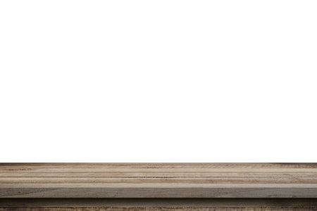 Empty wood table on isolate white background and display montage with copy space for product.の写真素材