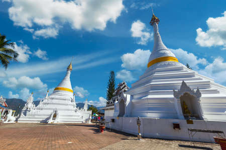 White unique pagoda in Wat Phra That Doi Gongmoo landmark of Maehongson, Thailand.の写真素材