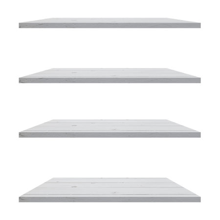 4 Wood shelves table isolated on white background and display montage for product.の写真素材