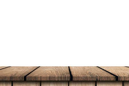 Empty wood table on isolate white background and display montage with copy space for product.の写真素材