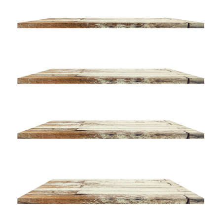 4 old wood shelves table isolated on white background and display montage for product.の写真素材