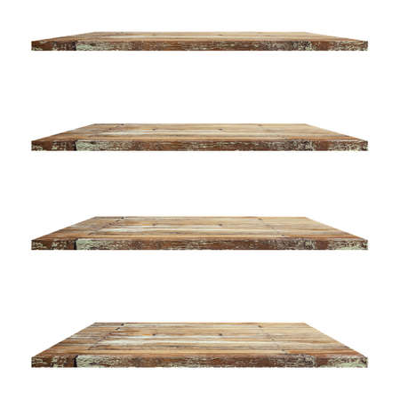 4 old wood shelves table isolated on white background and display montage for product.の写真素材