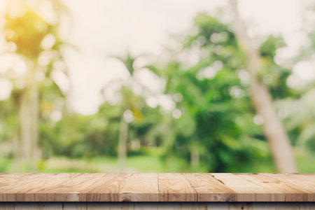 Empty wooden table top and Abstract blurred light bokeh and blur background of garden trees in...