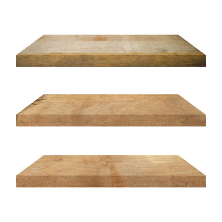 3 old wood shelf table isolated on white background and display montage for product.の写真素材