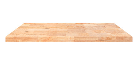 Wooden shelf on isolated white background with spaceの写真素材