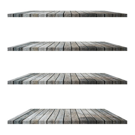 4 old wood shelves table isolated on white background and display montage for product.の写真素材