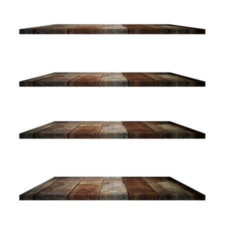4 old wood shelves table isolated on white background and display montage for product.の写真素材