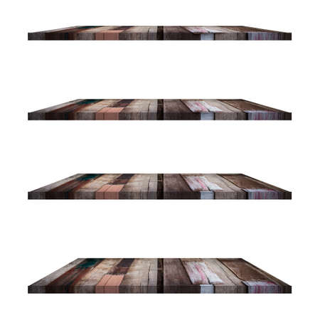 4 old wood shelves table isolated on white background and display montage for product.の写真素材