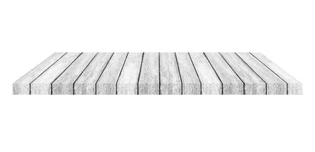 Wooden shelf on isolated white background with spaceの写真素材