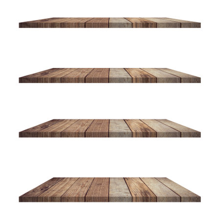 4 old wood shelves table isolated on white background and display montage for product.の写真素材