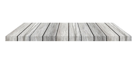 Wooden shelf on isolated white background with spaceの写真素材