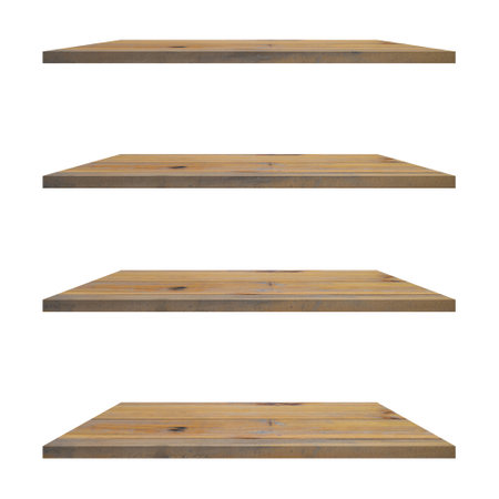 4 old wood shelves table isolated on white background and display montage for product.の写真素材