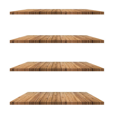 4 old wood shelves table isolated on white background and display montage for product.の写真素材