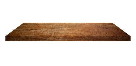 Wooden shelf on isolated white background with spaceの写真素材
