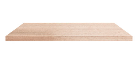 Wooden shelf on isolated white background with spaceの写真素材