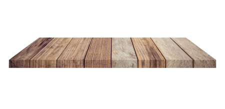 Wooden shelf on isolated white background with spaceの写真素材