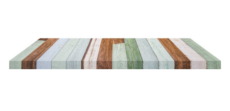 Wooden shelf on isolated white background with spaceの写真素材