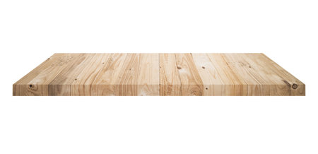Wooden shelf on isolated white background with spaceの写真素材