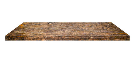 Wooden shelf on isolated white background with spaceの写真素材