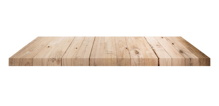 Wooden shelf on isolated white background with spaceの写真素材