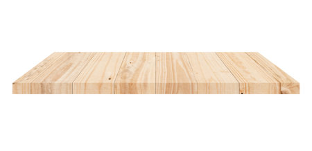 Wooden shelf on isolated white background with spaceの写真素材