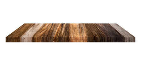 Wooden shelf on isolated white background with spaceの写真素材