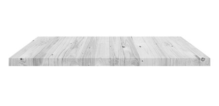 Wooden shelf on isolated white background with spaceの写真素材