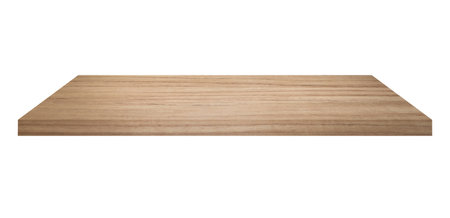 Wooden shelf on isolated white background with spaceの写真素材