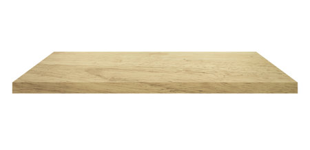Wooden shelf on isolated white background with spaceの写真素材