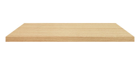 Wooden shelf on isolated white background with spaceの写真素材