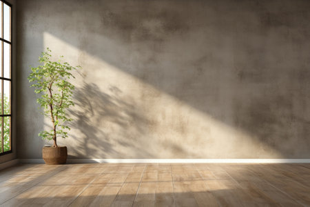 Empty room interior with concrete walls, wooden floor with light from window. Generative ai.の素材