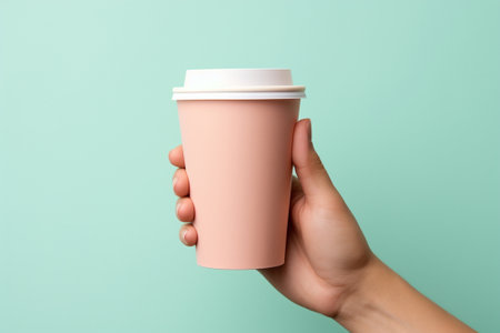 hand holding coffee paper cup on pastel background.Generative ai.の素材