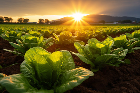 field lettuce on sunrise in morning with beautiful clouds. Gerenative ai.の素材