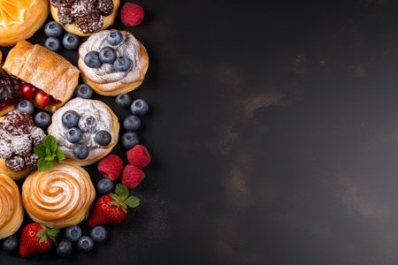 Sweet pastry food on gray background with copy space, Top view. Generative ai.の素材