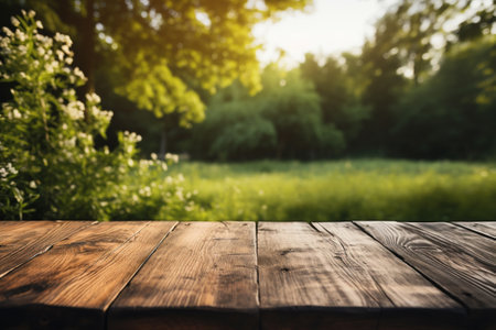 Empty wood table top and blurred garden with bokeh and sunlight. Product and food display. Generative ai.の素材