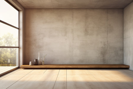 Empty room interior with concrete walls, wooden floor with light from window. Generative ai.の素材