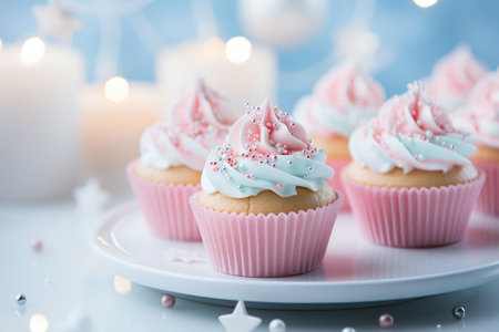 Cup cakes on pastel colour room for pastry. Generative ai.の素材