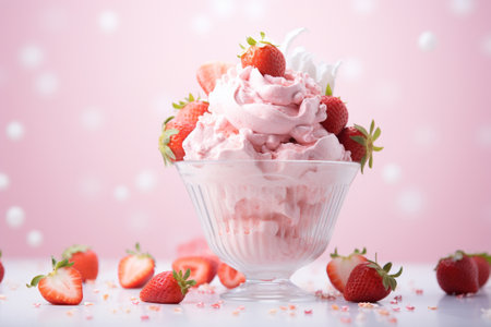 Strawberry ice cream on table. Generative. ai.の素材
