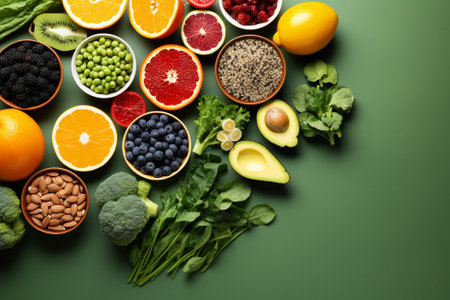 healthy food vegetables and fruit on green background. Generative ai.の素材