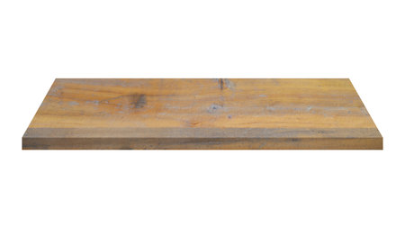 Wooden shelf on isolated white background with spaceの写真素材