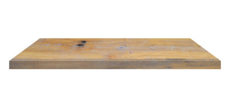 Wooden shelf on isolated white background with spaceの写真素材
