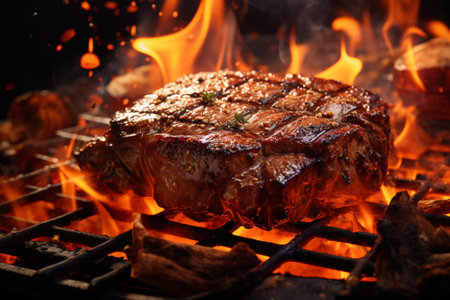 grilling beef steaks  over flaming. Generative ai.の素材