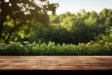 Empty wood table top and blurred garden with bokeh and sunlight. Product and display. Generative ai.の素材
