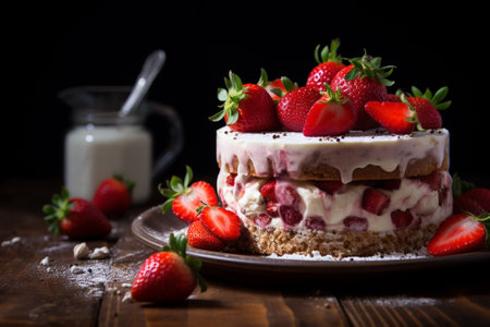 Strawberry pudding cake with yogurt on wooden table. Generative ai.の素材